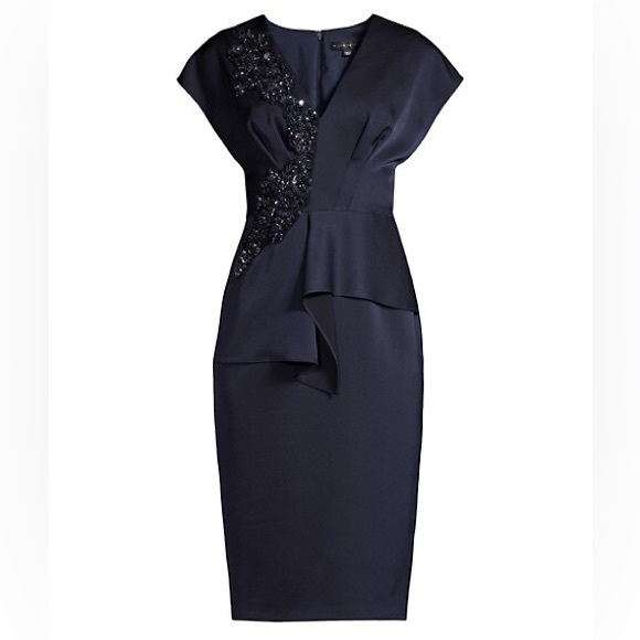 Aidan Mattox Embellished V Neck Peplum Sheath Dress - Picture 4 of 16